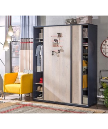 Armoire à palettes avec 2 portes coulissantes pour les jeunes, garçons 12-24 ans, Trio Natur / Bleu foncé, l163xA58xH203 cm store