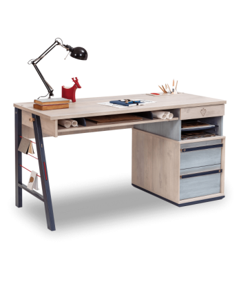 Table de bureau pâle et métal pour jeune, garçon 12-24 ans, Trio Natur / Bleu, l141xA64xH76 cm en stock