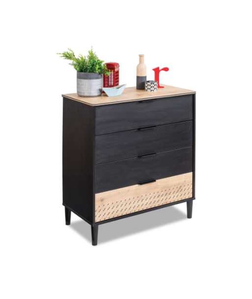 Commode en bois avec 4 tiroirs, pour les jeunes Blacky Noir / Nature, l87xA46xH94 cm brillant des détails fins