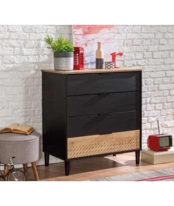 Commode en bois avec 4 tiroirs, pour les jeunes Blacky Noir / Nature, l87xA46xH94 cm brillant des détails fins