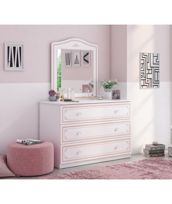 Commode en bois avec 3 tiroirs, pour les jeunes Selena Large Rose Blanc / Rose, l107xA53xH75 cm Paris Déstockage Promo