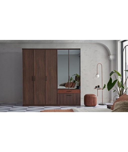 Armoire à palettes avec 5 portes, 3 tiroirs et miroir Matilda Walnut, l223,3xA59,9xH220,6 cm ouvre sa boutique