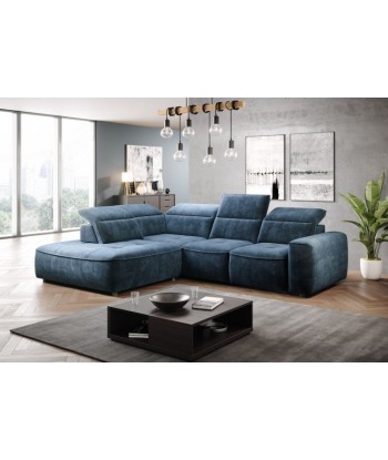 Canapé d'angle fixe avec mécanisme électrique Relax et coffre de rangement, avec bain de soleil à gauche, recouvert de tissu Colombo L Bleu, l296xA227xH81 cm destockage