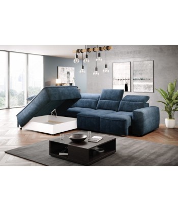 Canapé d'angle fixe avec mécanisme électrique Relax et coffre de rangement, avec bain de soleil à gauche, recouvert de tissu Colombo L Bleu, l296xA227xH81 cm destockage