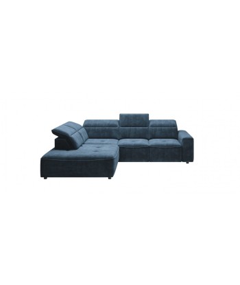 Canapé d'angle fixe avec mécanisme électrique Relax et coffre de rangement, avec bain de soleil à gauche, recouvert de tissu Colombo L Bleu, l296xA227xH81 cm destockage