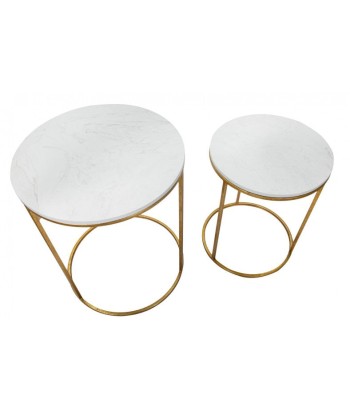 Set de 2 tables basses en métal et résine Simply Marble Blanc / Or, Ø52xH63 / Ø42xH53 cm brillant des détails fins