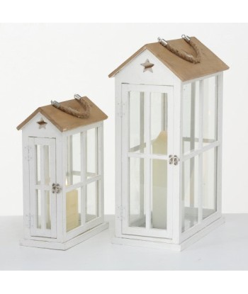 Lot de 2 lanternes décoratives en bois Casa Blanc / Naturel, L21xl21xH55 cm / L14xl14xH38 cm Livraison rapide