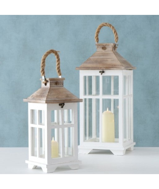 Lot de 2 lanternes décoratives en bois Noah Blanc / Naturel, L25xl25xH55 cm / L18xl18xH39 cm store