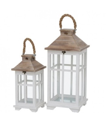 Lot de 2 lanternes décoratives en bois Noah Blanc / Naturel, L25xl25xH55 cm / L18xl18xH39 cm store