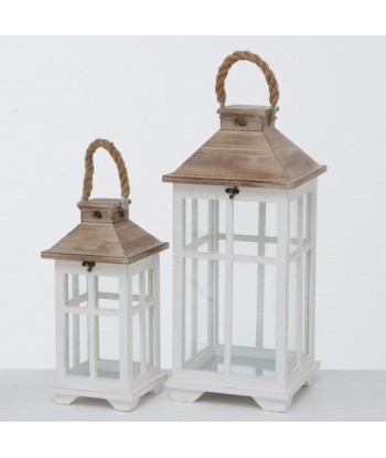 Lot de 2 lanternes décoratives en bois Noah Blanc / Naturel, L25xl25xH55 cm / L18xl18xH39 cm store