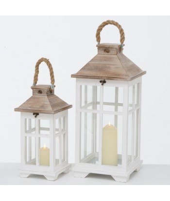 Lot de 2 lanternes décoratives en bois Noah Blanc / Naturel, L25xl25xH55 cm / L18xl18xH39 cm store