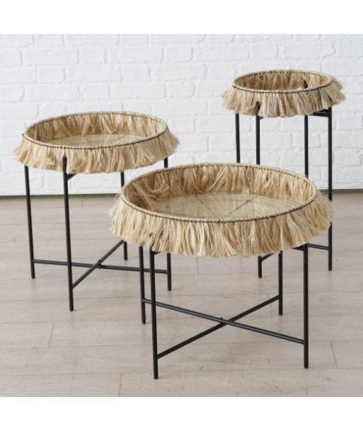 Set de 3 tables basses en verre, bambou et métal Banjar Noir / Naturel, Ø57xH48 / Ø47xH54 / Ø33xH65 cm des créatures d'habitude