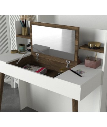 Table de maquillage palette avec miroir, Retro Walnut / Blanc, L116xl52xH120 cm Livraison rapide