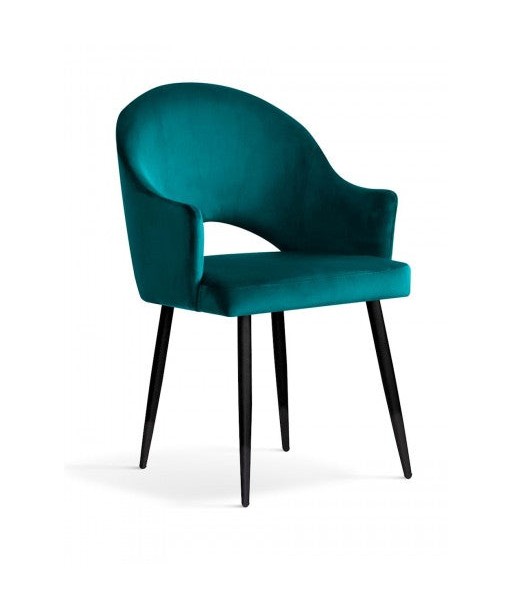 Chaise rembourrée tissu et pieds métal Goda Velours Turquoise / Noir, l54xA58xH87 cm la colonne vertébrale