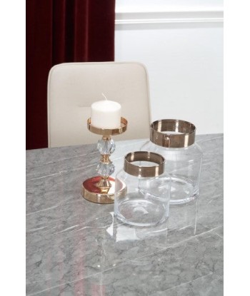 Set de table en MDF, placage et métal Gris Barcano / Or + 4 chaises rembourrées avec cuir écologique K390 Crème / Gris foncé / Or, L160xl90xH77 cm 50% de réduction en Octobre 2024