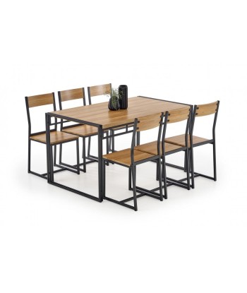 Ensemble table MDF et métal + 6 chaises Bolivar Chêne Doré / Noir, L140xl80xH75 cm en linge