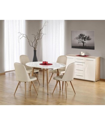 Table extensible en MDF et métal Edward Blanc / Honey Oak, L120-200xl100xH75 cm en stock