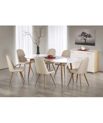 Table extensible en MDF et métal Edward Blanc / Honey Oak, L120-200xl100xH75 cm en stock