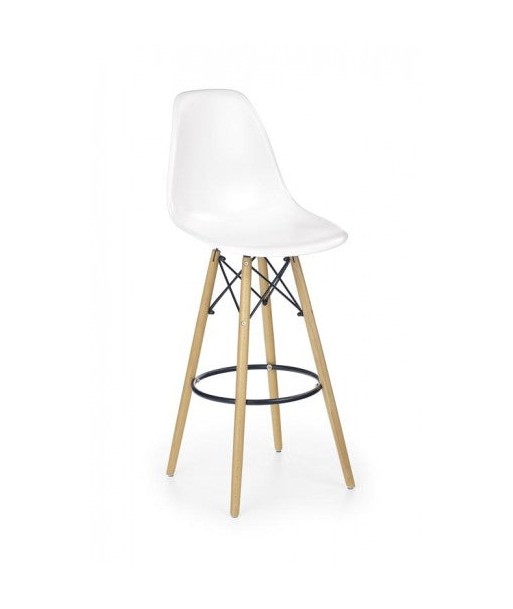 Tabouret de bar en plastique avec pieds en bois H-51 Blanc / Hêtre, l54xA46xH115 cm Paris Déstockage Promo