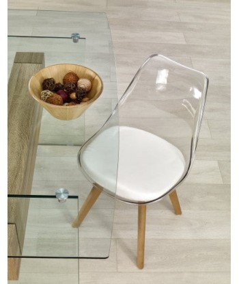 Chaise avec assise rembourrée en cuir écologique, avec pieds en bois K246 Transparent / Blanc, l48xA44xH83 cm Par le système avancé 