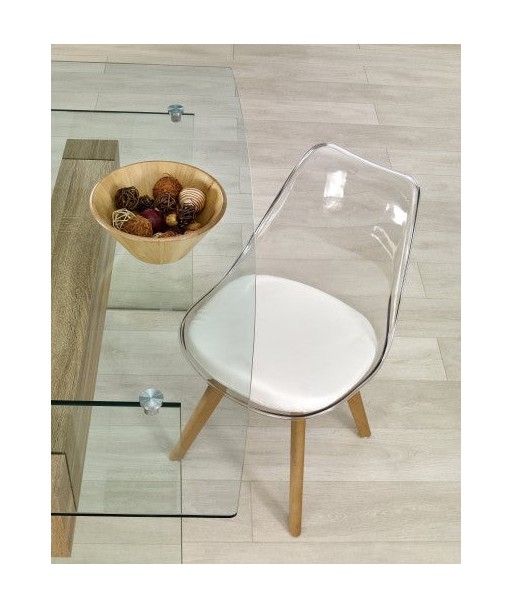 Chaise avec assise rembourrée en cuir écologique, avec pieds en bois K246 Transparent / Blanc, l48xA44xH83 cm Par le système avancé 