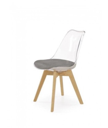 Chaise en plastique, avec assise rembourrée avec tissu et pieds en bois K342 Transparent / Gris / Hêtre, l48xA58xH83 cm store