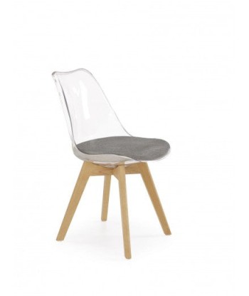 Chaise en plastique, avec assise rembourrée avec tissu et pieds en bois K342 Transparent / Gris / Hêtre, l48xA58xH83 cm store