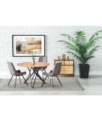 Set de table en MDF et métal Pixel 2 Chêne / Noir + 3 chaises rembourrées avec éco-cuir K279 Gris, Ø120xH76 cm en linge