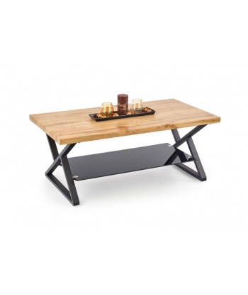 Table basse en MDF, verre et métal Xena Rectangle Chêne / Noir, L110xl60xH45 cm en linge